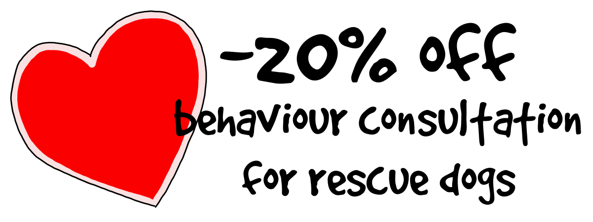 a big red heart with the special offer of a 20 percent discount on behaviour consultation for rescue dogs